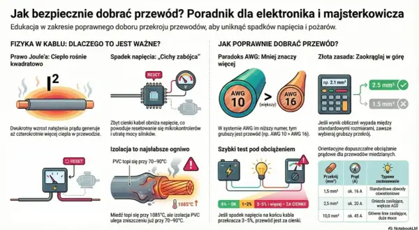 Ilustracja pokazuje różne rodzaje bezpieczników i przewodów, wyjaśniając ich dobór.
