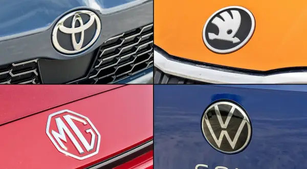 Logo Toyota, Škoda, MG i Volkswagen Golf. Kolekcja nowych marek samochodów.