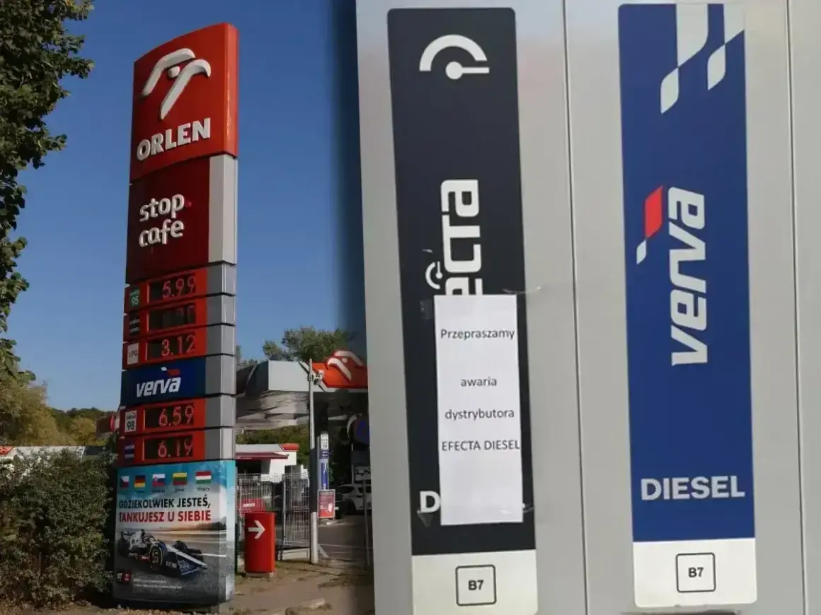 Znak stacji Orlen z cenami paliw, w tym "verva diesel". Obok tablica z informacją o awarii dystrybutora Efecta Diesel.