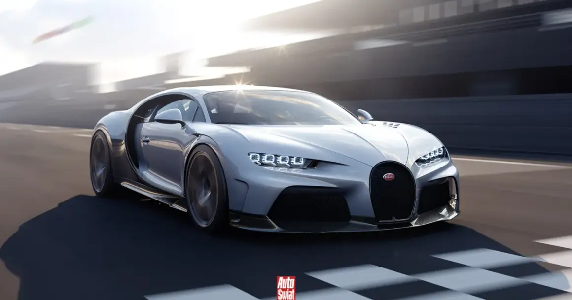 Srebrny Bugatti Chiron Super Sport pędzi po torze wyścigowym, jego linia boczna jest dynamiczna, a światła LED błyszczą.